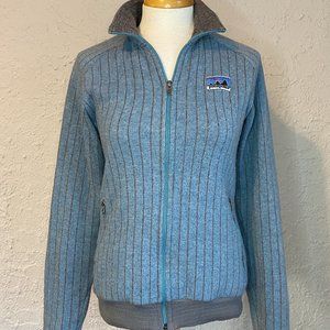 Patagonia women's full zip blue grey wool sweater